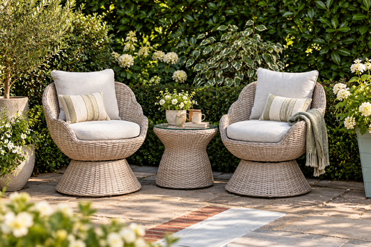 Flora Rattan Bistro Table Set with 2 Swivel Armchairs - Ecru