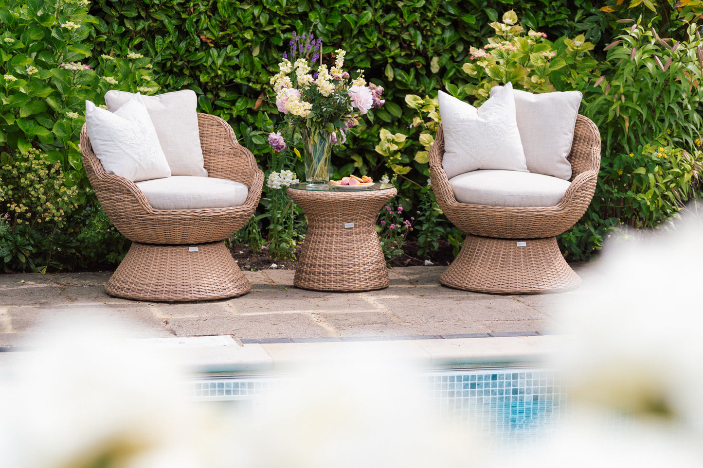 Flora Rattan Bistro Table Set with 2 Swivel Armchairs - Natural