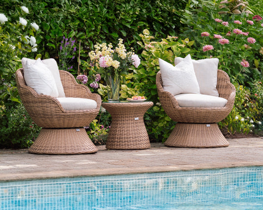 Flora Rattan Bistro Table Set with 2 Swivel Armchairs - Natural