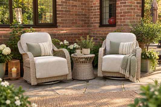 Positano Rattan Bistro Table Set with 2 Swivel Armchairs - Ecru