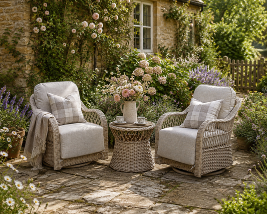 Positano Rattan Bistro Table Set with 2 Swivel Armchairs - Ecru