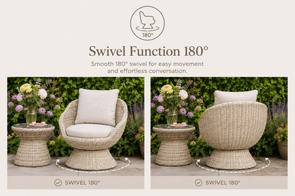 Flora Rattan Bistro Table Set with 2 Swivel Armchairs - Ecru