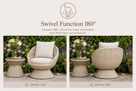 Flora Rattan Bistro Table Set with 2 Swivel Armchairs - Ecru