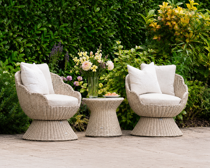 Flora Rattan Bistro Table Set with 2 Swivel Armchairs - Ecru