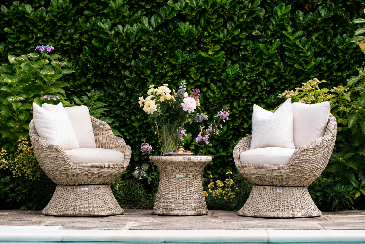 Flora Rattan Bistro Table Set with 2 Swivel Armchairs - Ecru