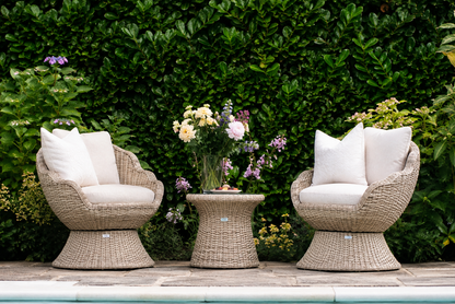 Flora Rattan Bistro Table Set with 2 Swivel Armchairs - Ecru