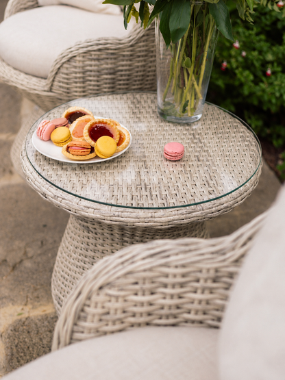Flora Rattan Bistro Table Set with 2 Swivel Armchairs - Ecru