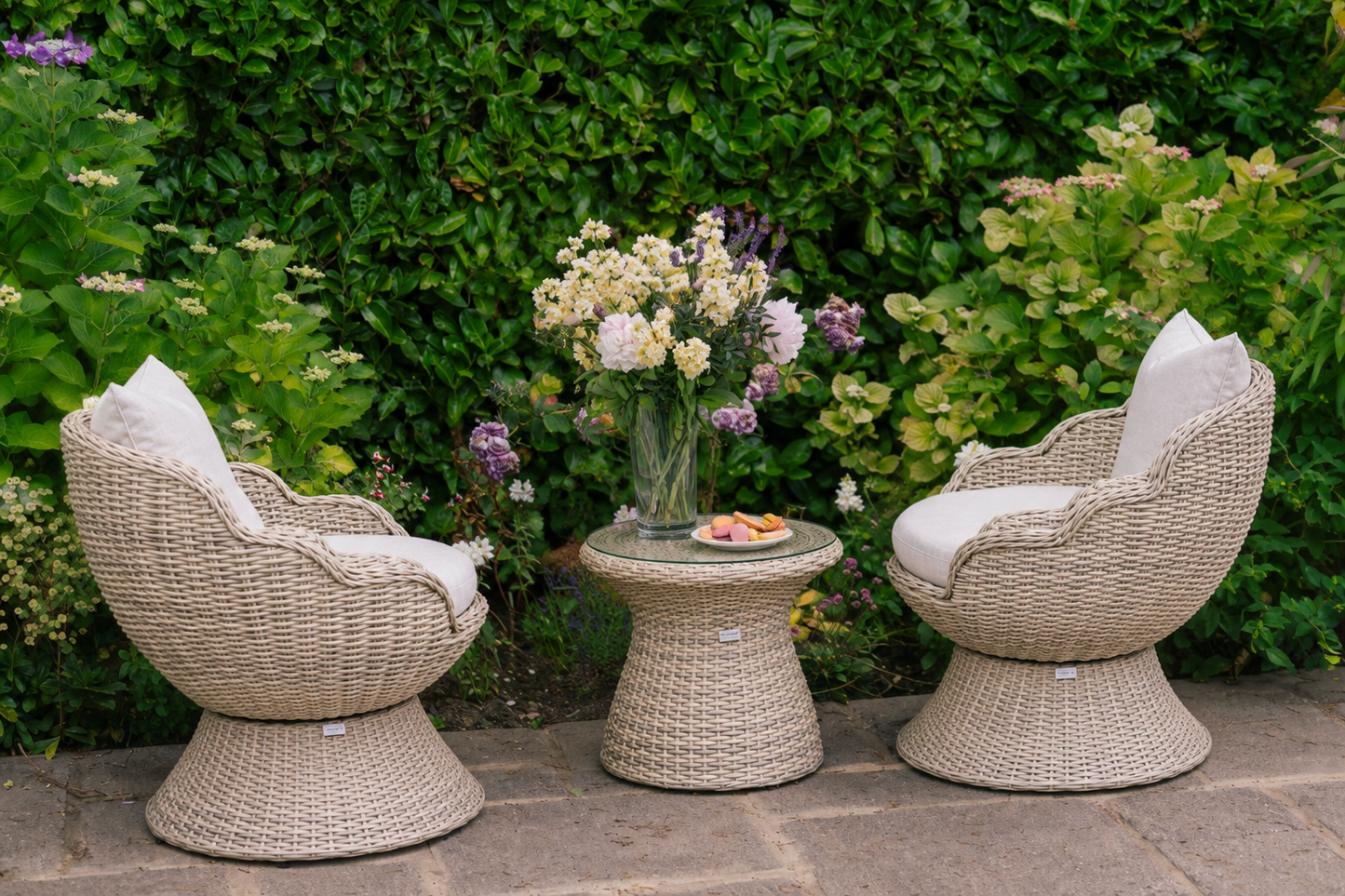 Flora Rattan Bistro Table Set with 2 Swivel Armchairs - Ecru
