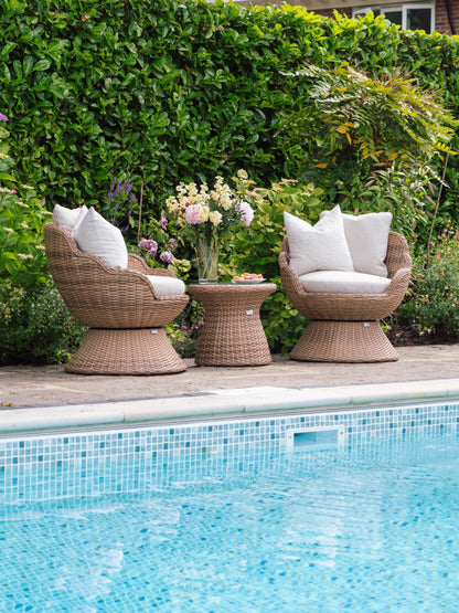 Flora Rattan Bistro Table Set with 2 Swivel Armchairs - Natural