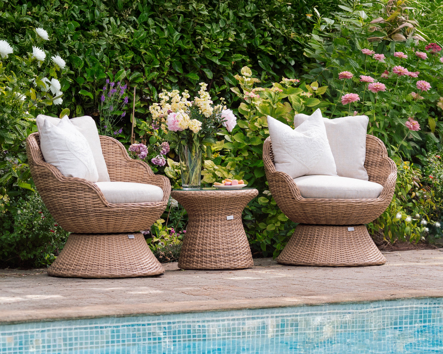 Flora Rattan Bistro Table Set with 2 Swivel Armchairs - Natural