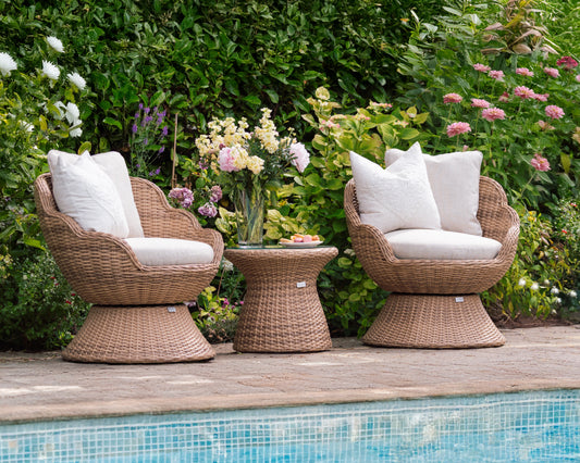 Flora Rattan Bistro Table Set with 2 Swivel Armchairs - Natural