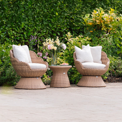 Flora Rattan Bistro Table Set with 2 Swivel Armchairs - Natural