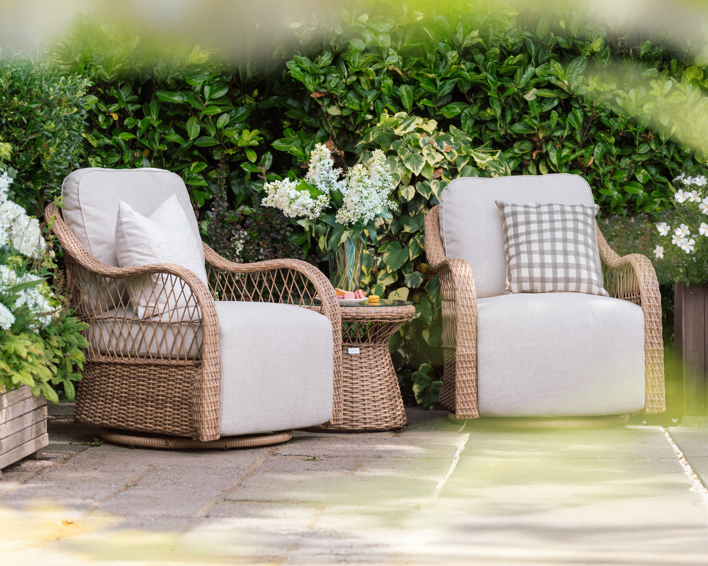 Positano Rattan Bistro Table Set with 2 Rock & Swivel Armchairs - Natural