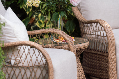 Positano Rattan Bistro Table Set with 2 Rock & Swivel Armchairs - Natural
