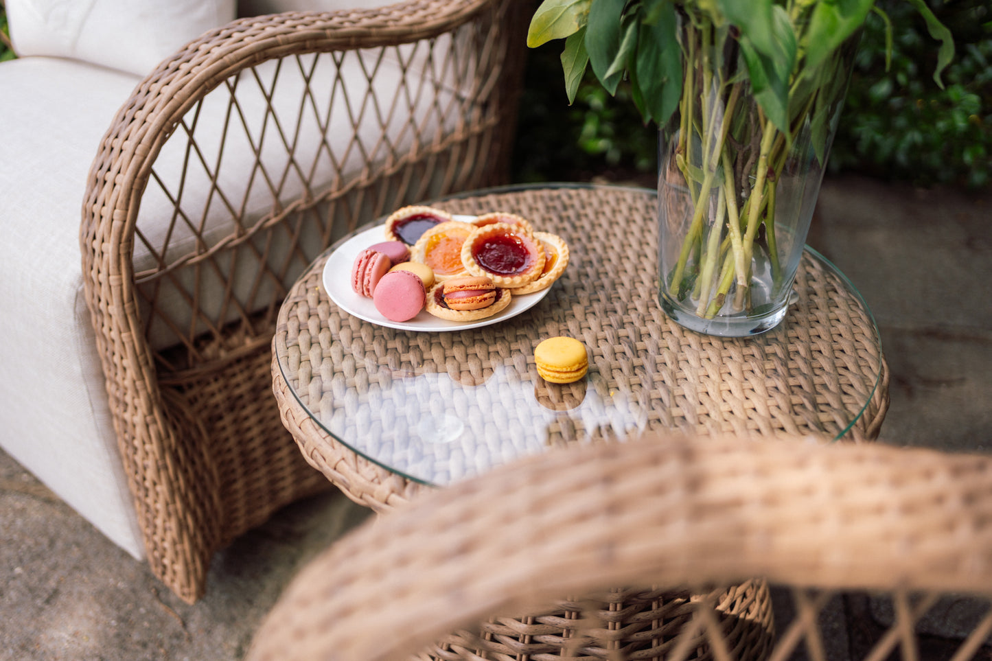 Positano Rattan Bistro Table Set with 2 Rock & Swivel Armchairs - Natural