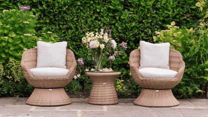 Flora Rattan Bistro Table Set with 2 Swivel Armchairs - Natural