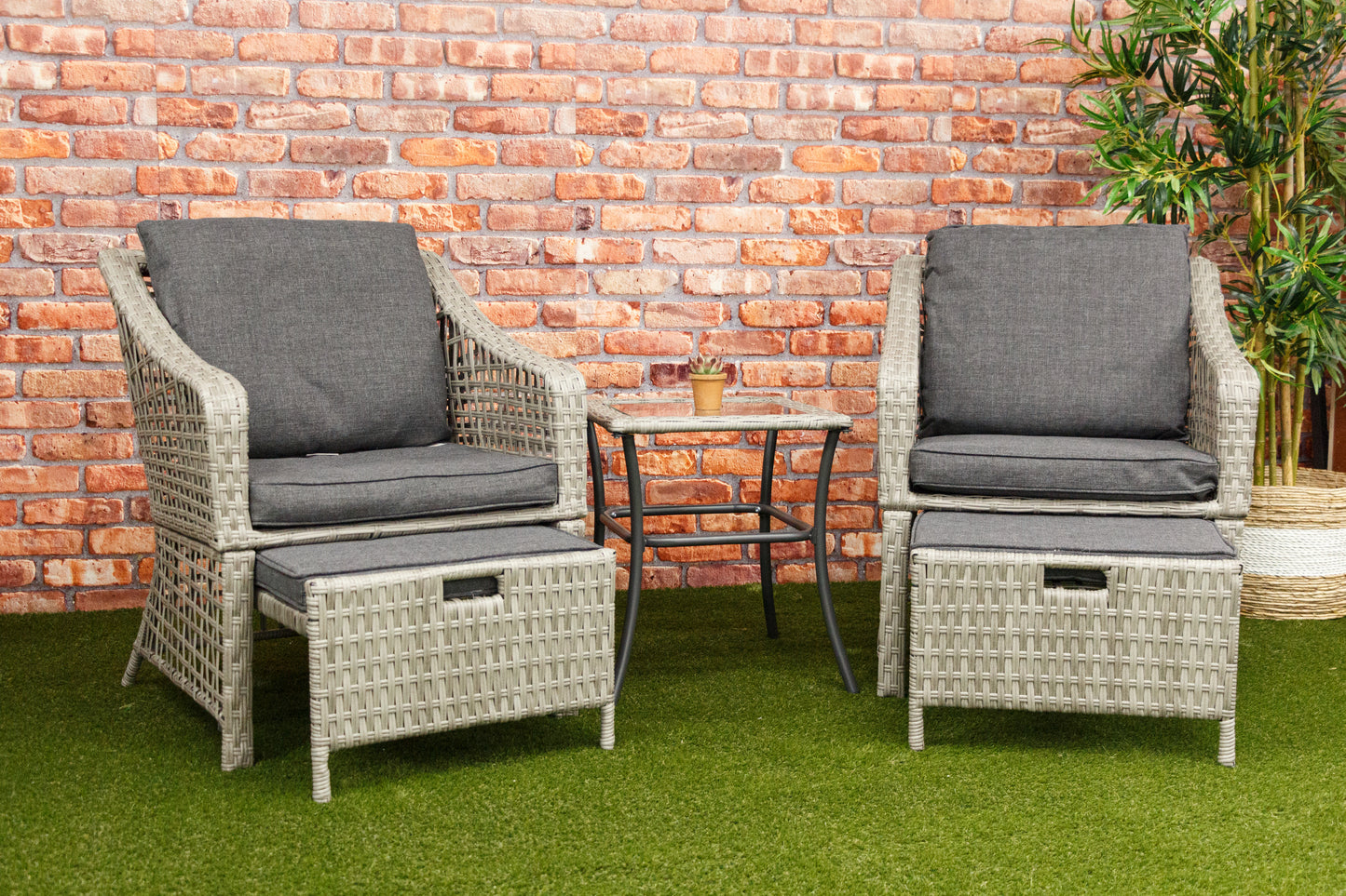 Rattan Companion Bistro Set -  Table and Two Chairs with Footrests