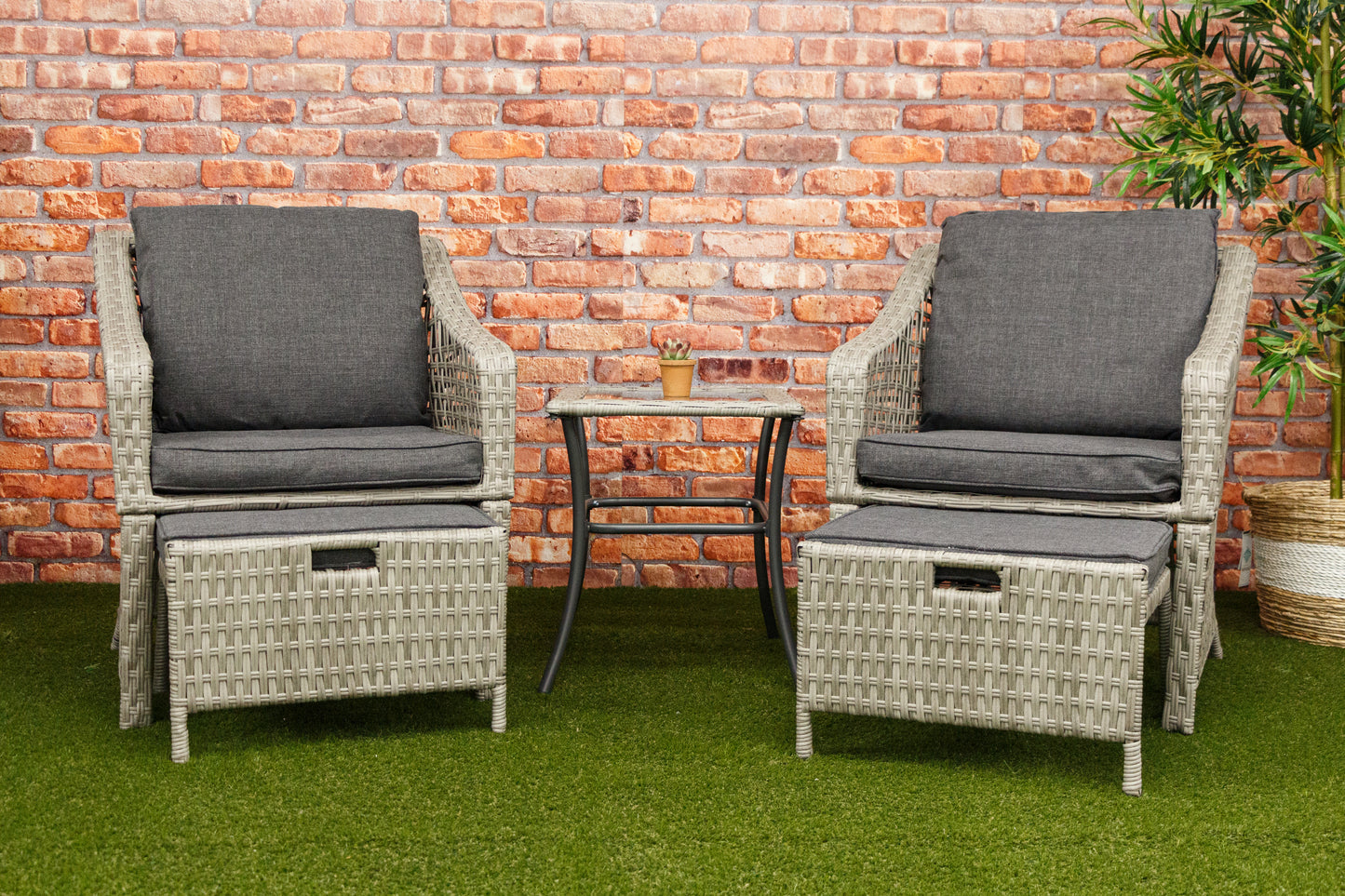 Rattan Companion Bistro Set -  Table and Two Chairs with Footrests