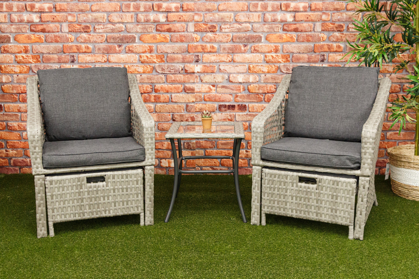 Rattan Companion Bistro Set -  Table and Two Chairs with Footrests