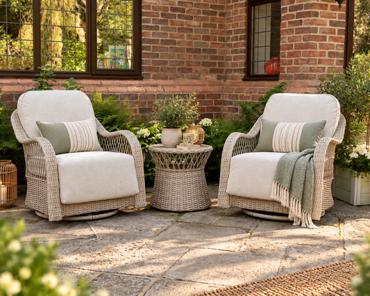 Positano Rattan Bistro Table Set with 2 Swivel Armchairs - Ecru
