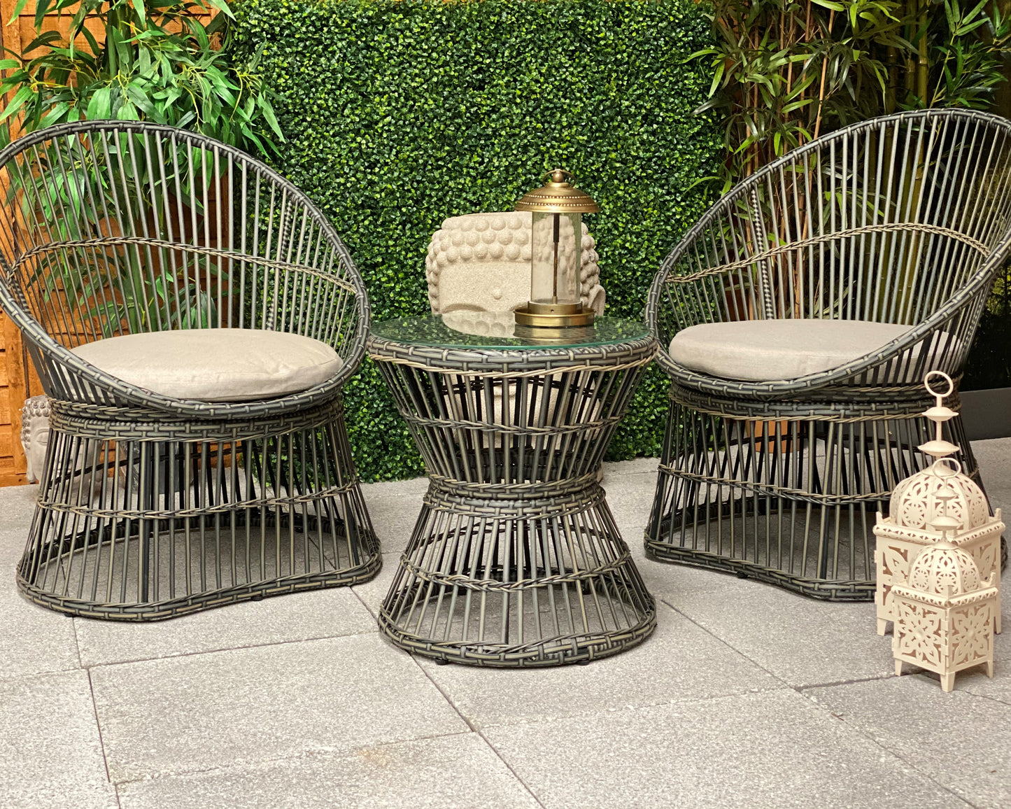 2 Seater Rattan Bistro Set with Table - Grey/Beige