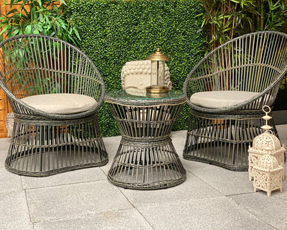 2 Seater Rattan Bistro Set with Table - Grey/Beige